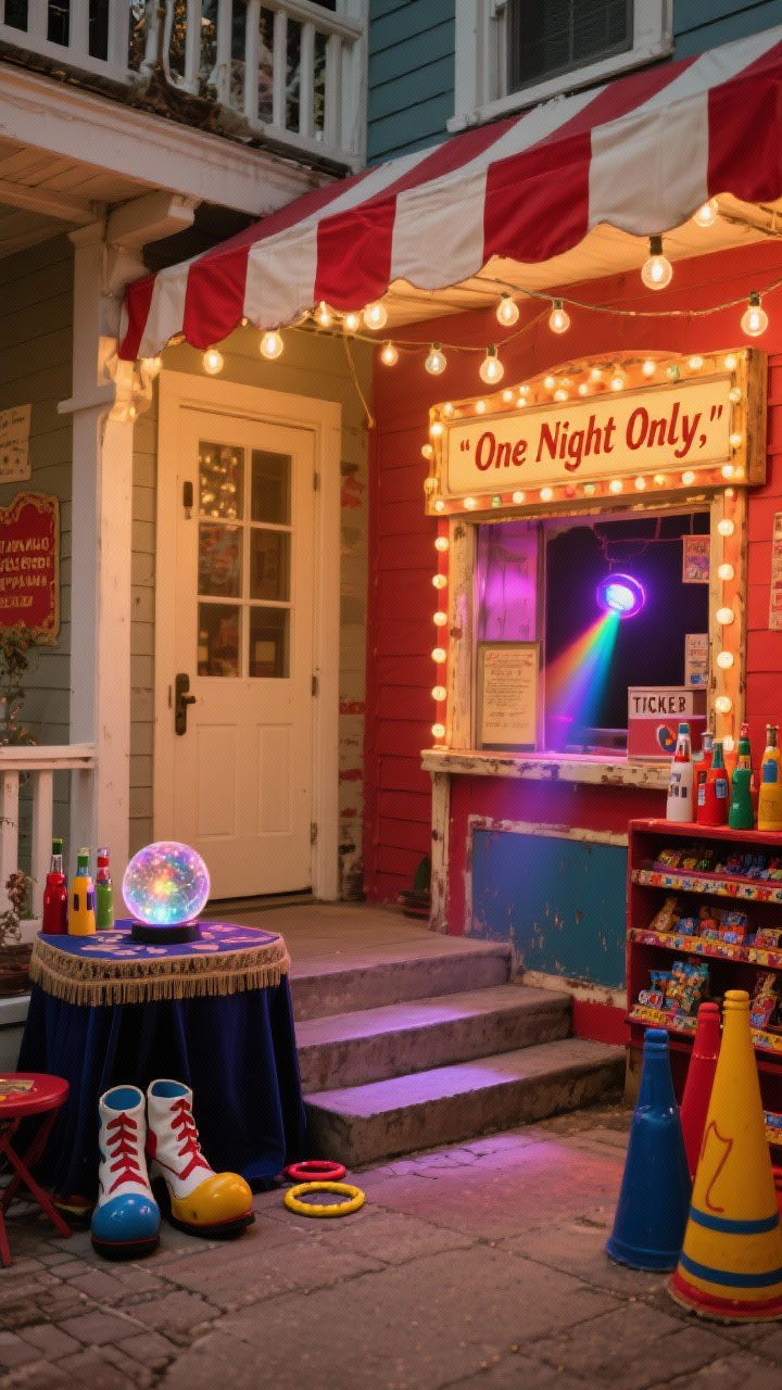 Photorealistic medium courtyard/porch scene, oblique angle: striped red-and-cream canopy overhead, a ticket booth facade at the steps with a sign reading “One Night Only,” a fortune-teller table featuring a glowing crystal ball, marquee bulb string lights and a rotating color spotlight casting shifting hues, props including oversized clown shoes by the door, ring toss bottles, and a faded prize shelf; vintage carnival palette of red, mustard, cream, and midnight blue—playful but unsettling.