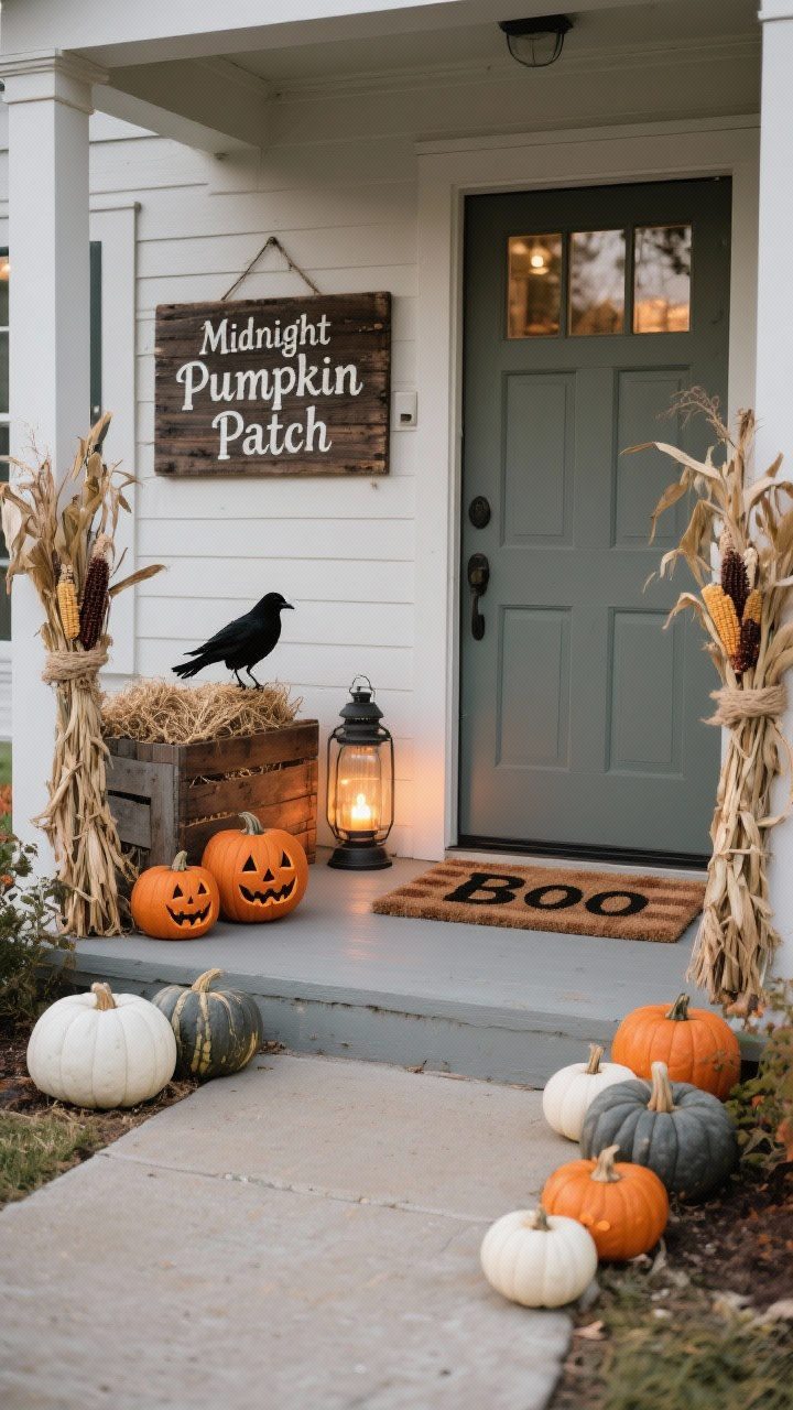 Photorealistic medium front stoop/farmhouse entry, slightly angled: walkway lined with heirloom pumpkins in white, slate, and muted orange, buffalo-check doormat layered under a simple “Boo” mat, vintage wooden crate filled with straw topped with perched faux black birds, soft lantern glow and battery-lit jack-o’-lanterns with friendly faces, a wooden hand-lettered “Midnight Pumpkin Patch” sign slightly distressed, cornstalk bundles tied with jute flanking the door; rustic, inviting, and lightly eerie.