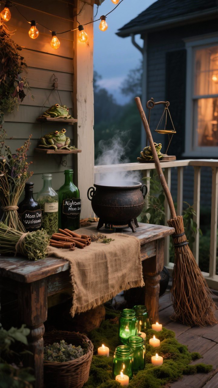 Photorealistic medium porch scene at twilight from a corner angle: a weathered wooden table draped in burlap styled as a witch’s market stall, apothecary bottles labeled “Nightshade,” “Moon Dust,” and “Wolfsbane,” bundles of dried herbs and cinnamon sticks, a cast-iron cauldron emitting low-lying fog (fog machine hidden), a broom leaning against the railing, a vintage scale with faux toads, amber string lights overhead, and a cluster of tea lights glowing in green glass jars; palette of mossy greens, charcoal, and warm tobacco brown, cozy and mysterious.