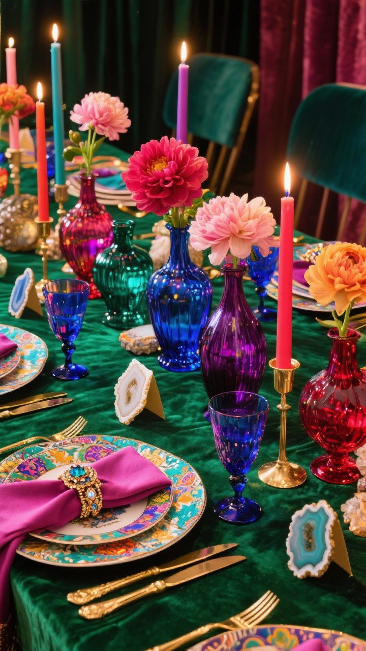 Photorealistic medium shot of a jewel-tone maximalist table bursting with color. Emerald velvet runner; patterned plates layered with bold napkins in contrasting shades; colored glass goblets in sapphire, amethyst, and ruby; gold flatware and embellished napkin rings. Centerpiece cluster of jewel-toned glass vases filled with dahlias and ranunculus. Mixed-height tapers in saturated colors glow warmly. Place cards painted on agate slices. Rich, festive lighting that enhances saturation and glass reflections.