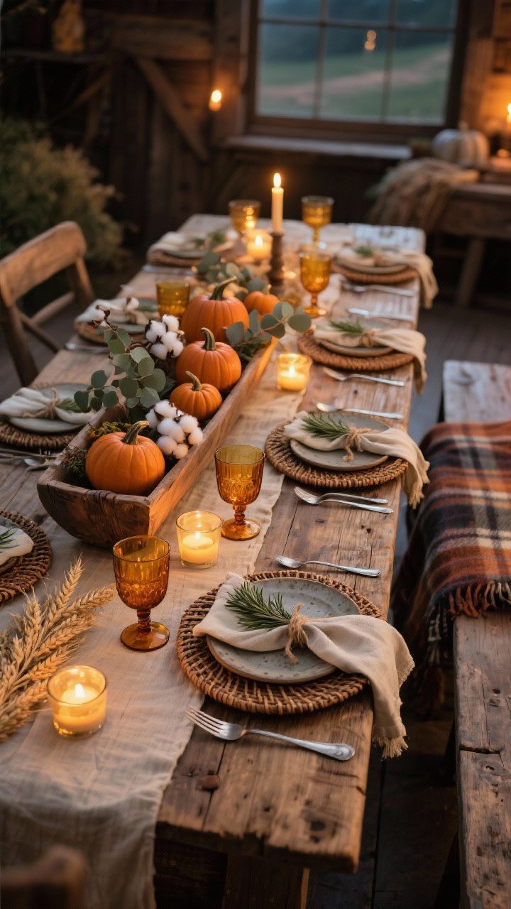 Photorealistic medium shot of a rustic harvest farmhouse Thanksgiving table at dusk, candlelit. A reclaimed wood table with a natural linen runner, stoneware plates on woven rattan chargers, linen napkins tied with twine and a sprig of rosemary, mismatched vintage flatware, and low amber glass votives casting a golden glow. Centerpiece is a wooden trough filled with mini pumpkins, eucalyptus, and cotton stems. Short smoky/amber old-fashioned goblets, and a plaid throw draped over a bench at one side. Warm, cozy palette of wheat, cinnamon, and cream. Shot from a slight corner angle to show depth and texture.