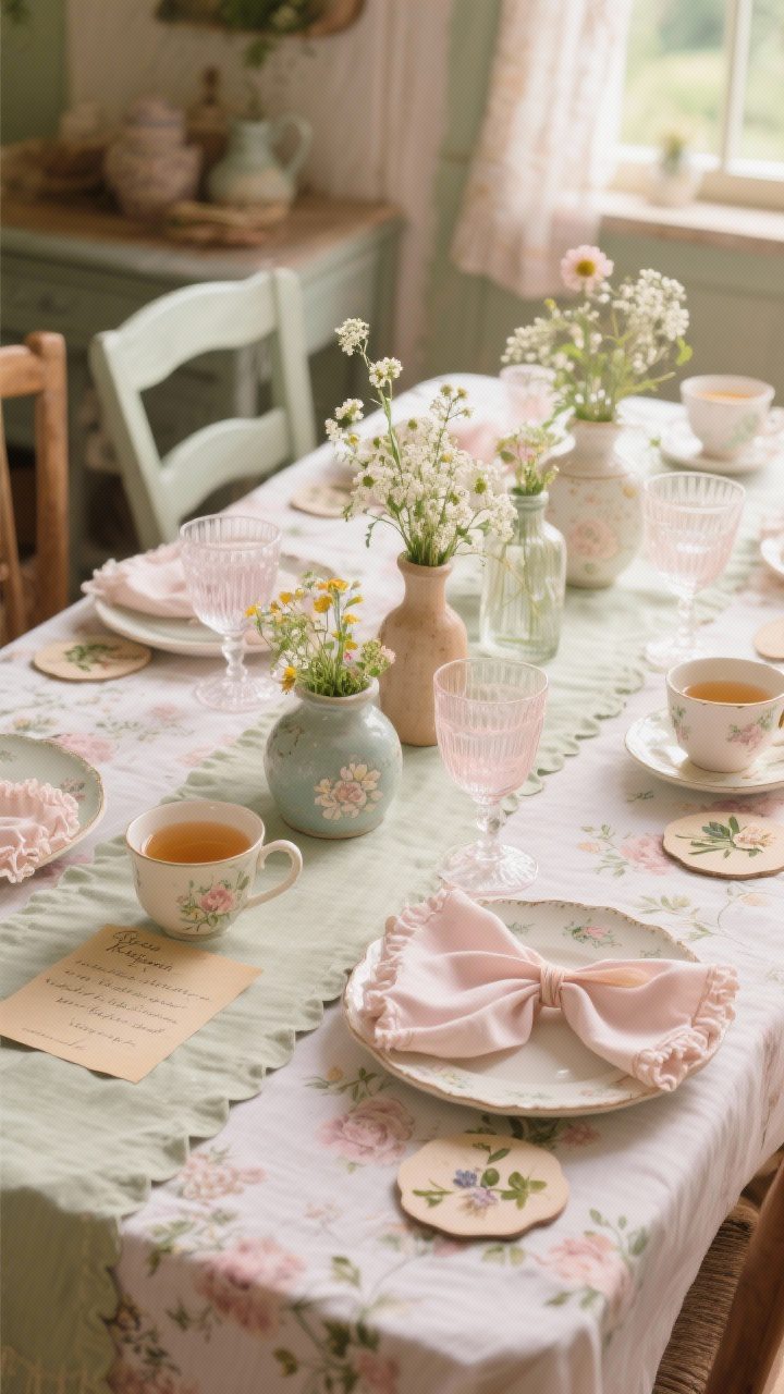 Photorealistic medium shot of cozy cottagecore charm. A floral tablecloth or scalloped-edge runner, delicate pottery plates, and vintage teacups for warm cider. Ruffled-edge napkins tied with ribbon bows, dainty pressed-flower coasters sprinkled around. Centerpiece of mismatched bud vases with wildflowers and baby’s breath; etched or pastel-tinted coupe glasses add whimsy. Handwritten recipe cards tucked under each plate as keepsakes. Palette: blush, buttercream, soft sage. Soft, diffused daylight from a window for a sweet, storybook mood.
