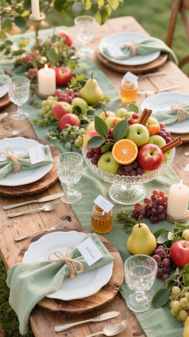 Photorealistic overhead shot of an orchard-inspired abundance tablescape on a bare wood table with a muted sage-green runner. White plates on applewood chargers, napkins tied with jute twine and a dried orange slice. Fresh pears, apples, and grapes scattered with trailing greens. A footed compote piled with fruit, bay leaves, and cinnamon sticks as the centerpiece. Cut crystal glassware sparkling under warm candlelight. Mini honey jars with clipped place cards at each setting. Palette: sage, apple red, pear green, soft ivory. Bright, inviting lighting.