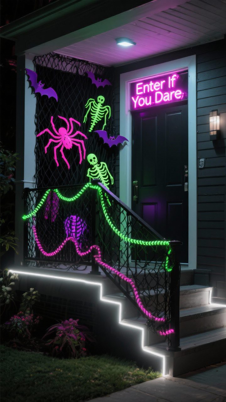 Photorealistic straight-on medium shot of a modern porch as a Neon Nightmare: black mesh draped over railings and fence as backdrop, lightweight props spray-painted hot pink, acid green, and electric purple (oversized spiders, bats, skeletal ribs mounted on the fence), neon rope lights outlining steps and rails, blacklight flood making whites glow, a bold neon “Enter If You Dare” sign above the doorway; base palette predominantly black so the neon feels sharp, vibrant, and high-contrast.