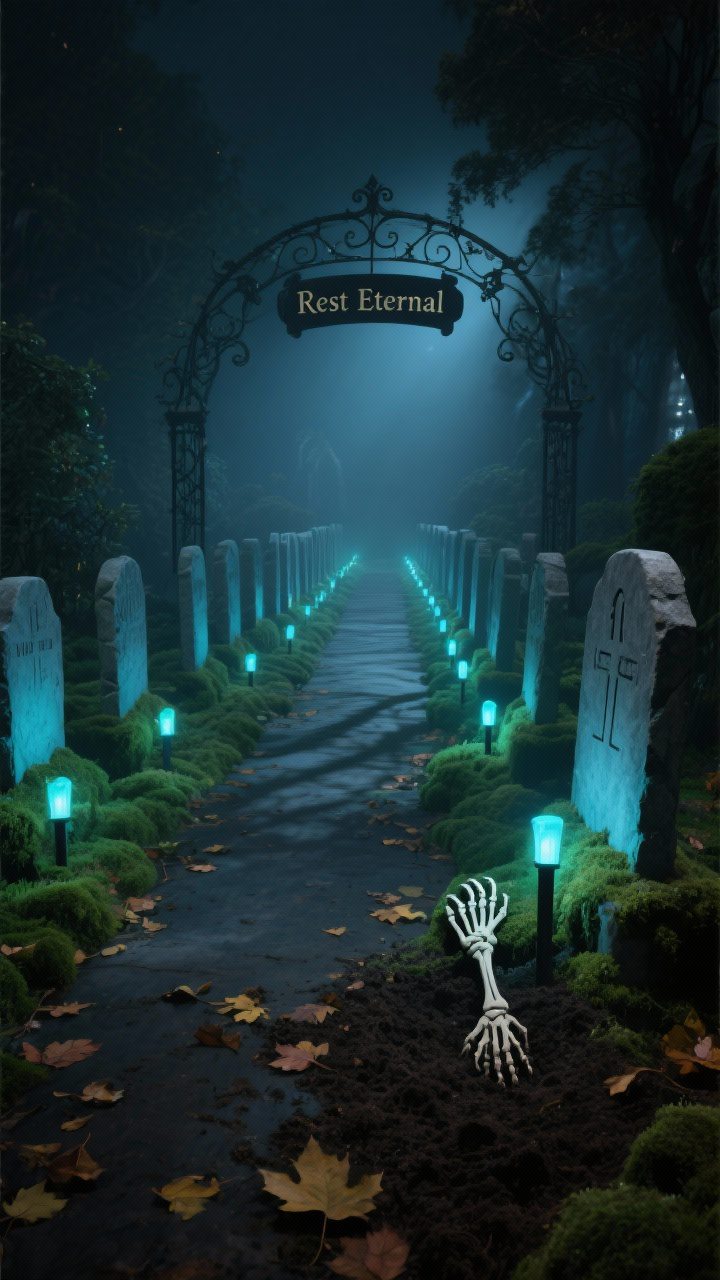 Photorealistic wide garden path at night with a low, moody cinematic feel: staggered rows of foam headstones at varied heights with tufts of moss at the bases, scattered fall leaves, a skeletal hand emerging from soil near one marker, ground-level stake lights with blue/green gels casting ghostly hues, a wrought-iron-style arch over the path holding a “Rest Eternal” sign; subtle foggy chill, long shadows, no people, high texture detail on stone and moss.