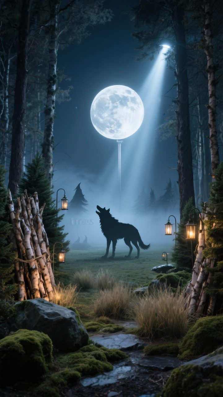 Photorealistic wide moonlit forest clearing yard at night, side angle through “trees”: clusters of birch branch bundles and artificial evergreens forming a woodland boundary, tufts of tall grass and mossy rocks, a life-size werewolf silhouette mid-howl at center, a large backlit moon disc mounted high, cool white uplights mimicking moonbeams, low ground fog, and flickering lanterns on shepherd’s hooks; occasional distant howl implied, quiet and atmospheric.