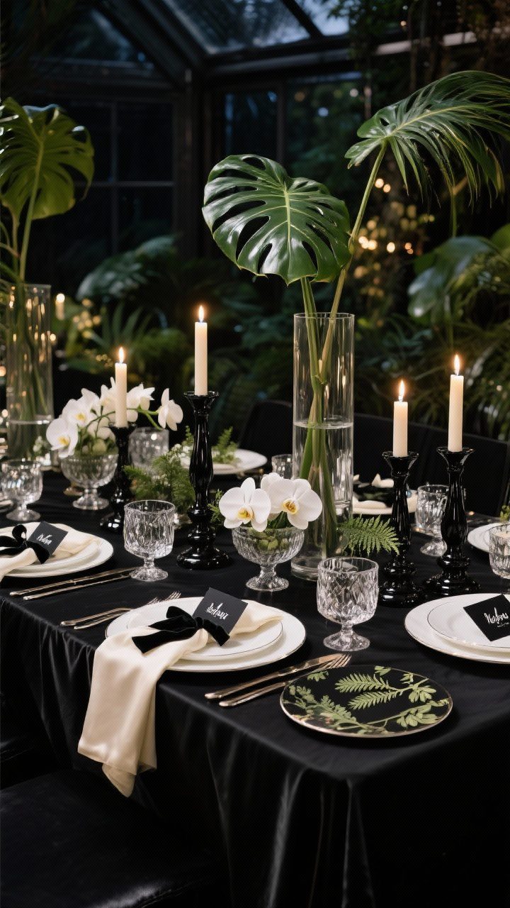 Photorealistic wide shot of a black-tie botanical Thanksgiving table at night. Black satin tablecloth with botanical-print chargers and glossy white plates, ivory silk napkins tied with a velvet ribbon. Lacquered black candlesticks with glowing tapers, abundant glass and cut crystal for high sparkle. Centerpiece features tall palms or monstera leaves in clear cylinders alongside low bowls of white orchids. Black place cards with white ink and tiny pressed fern clips at each setting. Palette: black, ivory, lush green. Dramatic, reflective lighting for glamorous greenhouse vibes.