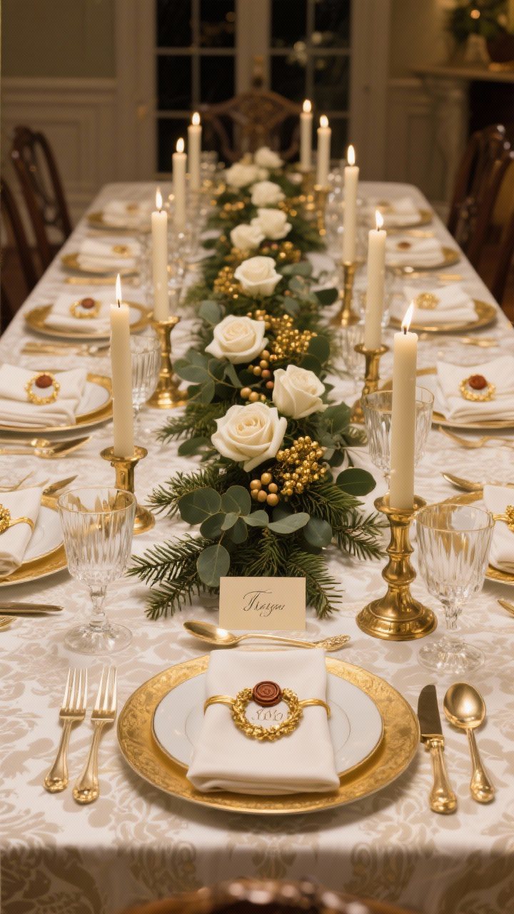 Photorealistic wide shot of a gilded traditional elegance dining table set for Thanksgiving. Ivory damask cloth, gold-rimmed china, polished brass flatware, crystal stemware. Napkins crisply folded with gold napkin rings (monogram or tiny wreath). A long garland of cedar and eucalyptus with gold-sprayed berries and white roses runs the center, flanked by tall tapered ivory candles in classic brass holders. Elegant calligraphy place cards with wax seals. Colors: ivory, gold, deep evergreen. Even, warm evening lighting for a formal, timeless feel.