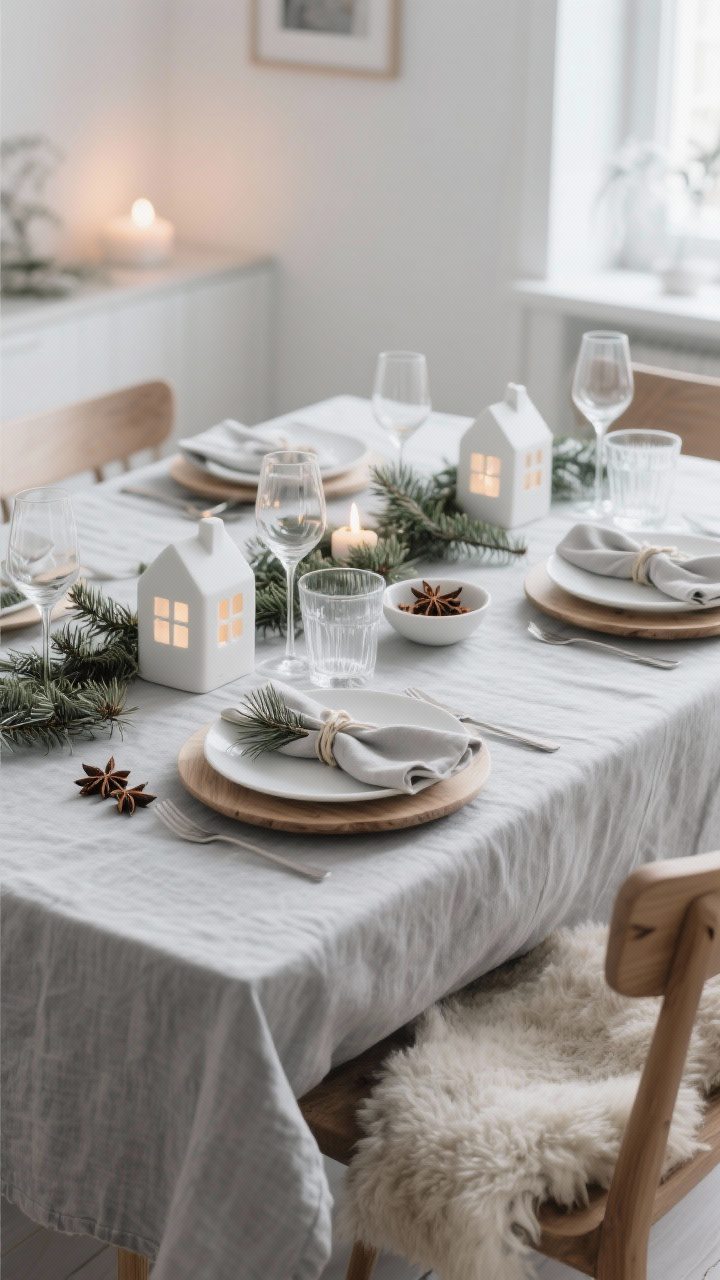 Photorealistic wide shot of a Scandinavian hygge glow dining setup. Light grey linen cloth, simple white plates over pale natural-wood chargers, napkins tied in a minimal knot with a sprig of pine. Sheepskin throws draped over chairs for texture. A minimal pine garland threads through white ceramic houses with tea lights as the centerpiece. Clear, lightweight tumblers and wine glasses. A small bowl of star anise and cloves nearby. Palette: soft greys, snowy white, natural wood with a hint of evergreen. Soft, ambient, cozy lighting, clean lines, calm mood.