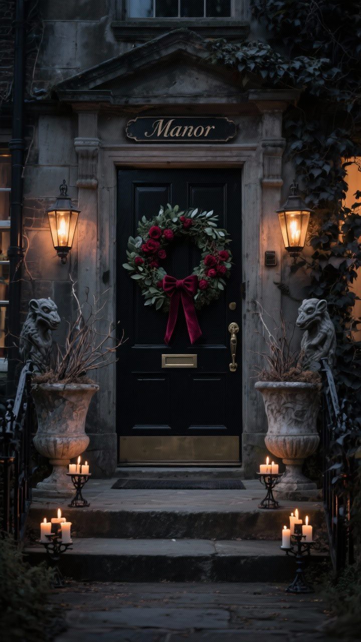 Photorealistic wide, straight-on exterior shot of a Gothic Manor entrance at night: charcoal black front door and trim, thick black eucalyptus wreath woven with deep burgundy florals, tall urn planters flanking the door filled with dried branches and trailing black ivy, warm Edison-style LED porch bulbs, vintage lanterns with flickering flameless candles lining the steps, iron candelabras, a distressed “Manor” plaque, velvet ribbon tied to the door knocker, and a pair of stone gargoyles perched low to frame the path; rich, moody, Victorian-luxe atmosphere with dramatic shadows.