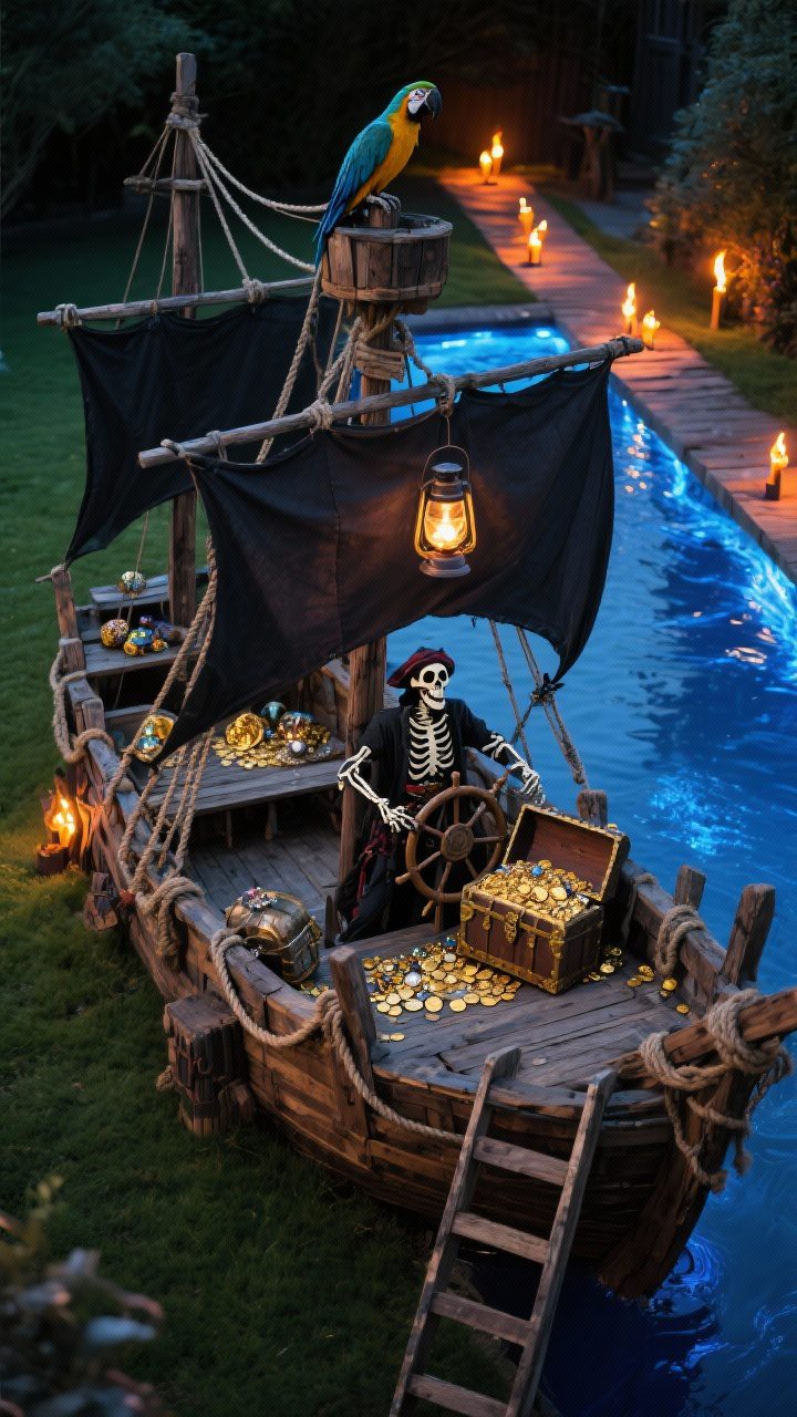 Photorealistic wide yard takeover viewed from a slight overhead/ladder angle: a DIY pirate ship silhouette from wooden pallets with dark canvas sails rigged to garden stakes, weathered ropes draped along the rails, a lantern hanging from a mast, treasure chests spilled open with gold-painted coins and faux jewels, a scrappy skeleton captain posed at the helm, a parrot perched above, amber pathway torches and a moving blue light effect mimicking water; immersive and theatrical nighttime scene.