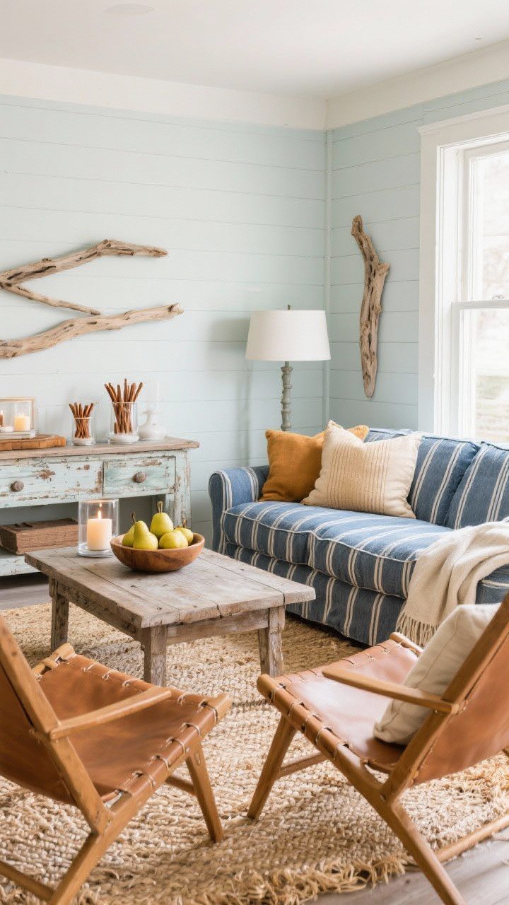 Wide, Coastal Cider Calm living room: sea-salt walls, striped denim slipcovered sofa, driftwood accents; caramel leather sling chairs, wheat-colored linen pillows; seagrass rug, oyster-toned throws, hurricane candles filled with cinnamon sticks on a weathered console; bowl of pears on the coffee table; bright yet autumn-ready.