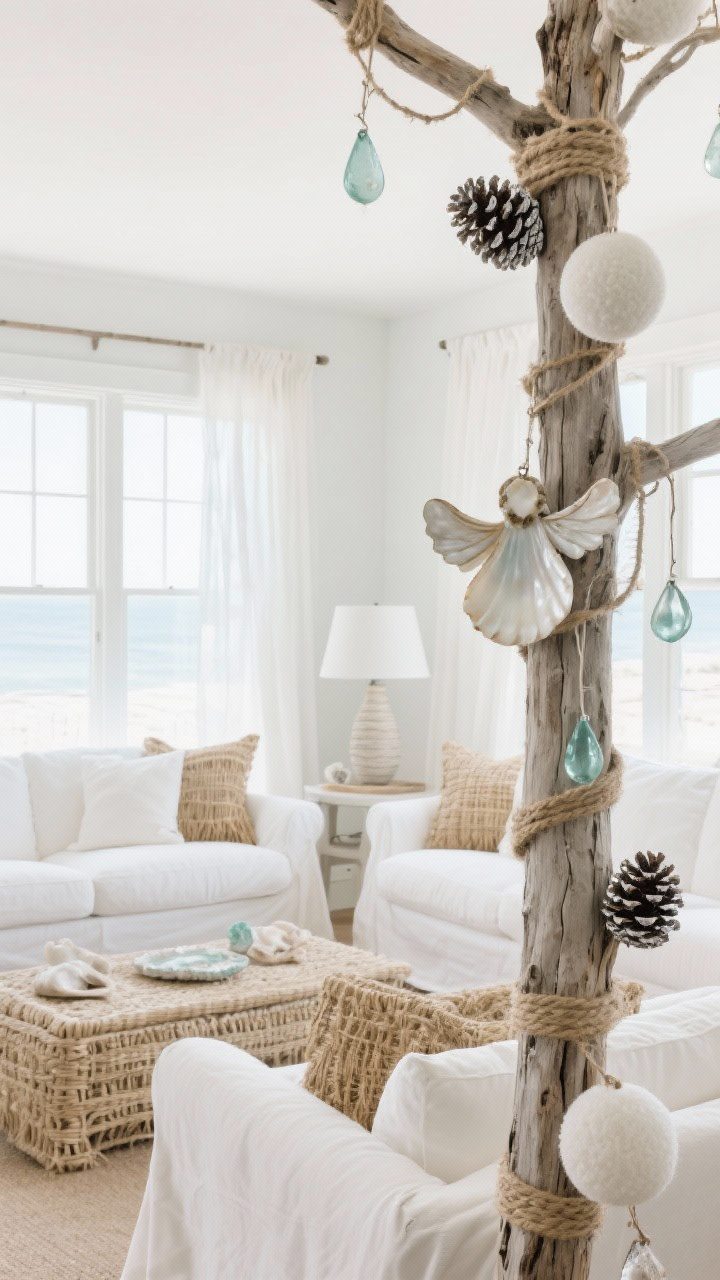 Wide coastal living room: White slipcovered sofas, woven seagrass textures, driftwood accents, and sheer linen window dressings flooding the space with pale, breezy light. Tree decorated with oyster shell angel ornaments, twine-wrapped foam balls, and sea glass teardrops wired onto jute; pinecones with a hint of silver spray. Crisp palette of seafoam, sand, and soft white; airy, beach-calm mood.