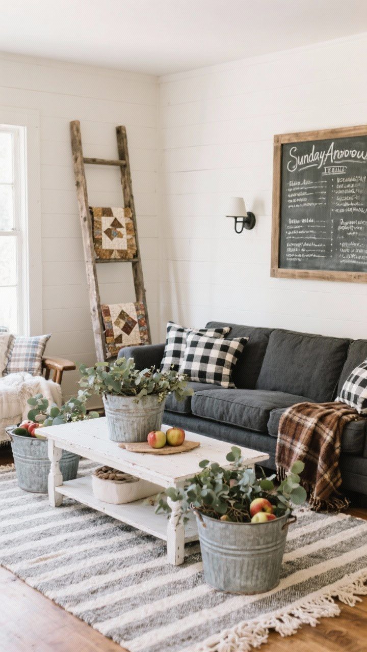 Wide, Farmhouse Apple Orchard living room: charcoal slipcovered sofa, whitewashed coffee table, striped cotton rug; galvanized buckets filled with eucalyptus and faux apples; buffalo check pillows, reclaimed wood ladder draped with quilts, chalkboard sign with hand-lettered menu leaning on wall; soft sconces and a warm plaid throw; Sunday-afternoon cozy.