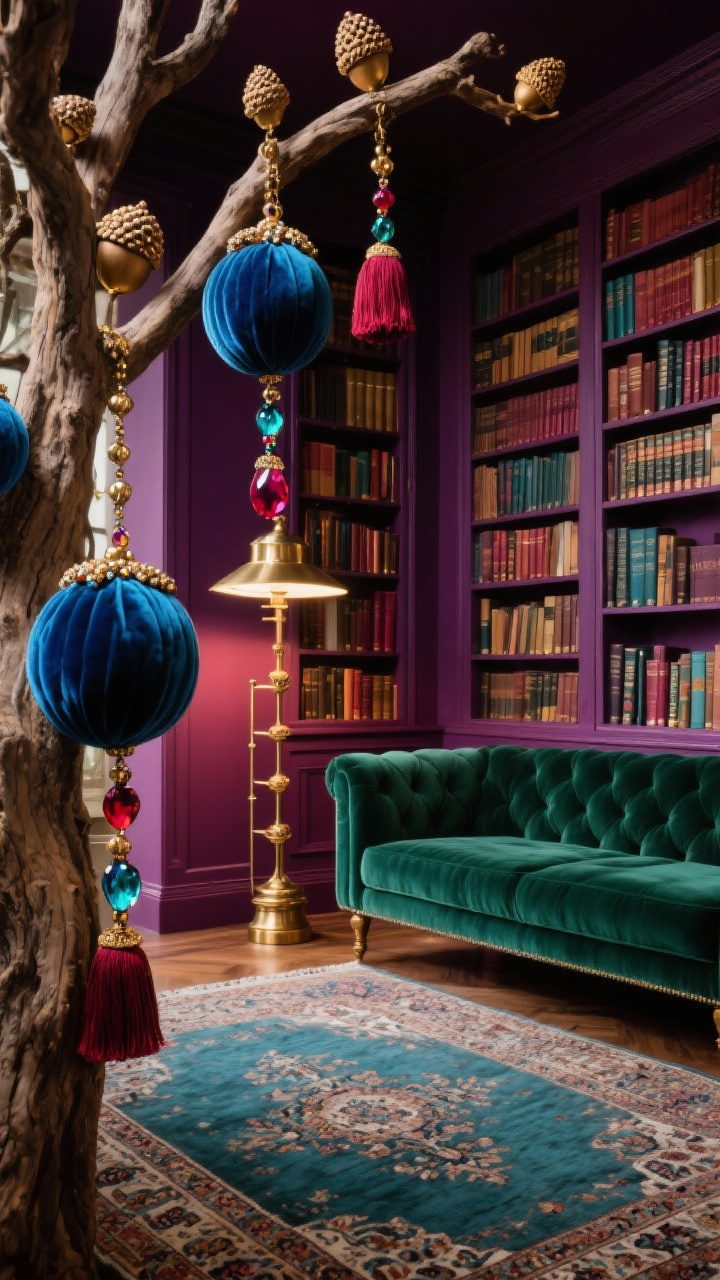 Wide library scene: Jewel-toned room with floor-to-ceiling bookcases, deep emerald velvet sofa, brass pharmacy lamp casting cozy pools of light, and a Persian rug grounding the space. Tree features velvet-wrapped balls in sapphire and ruby, beaded tassels with gemstone hues, and gilded acorns. Rich palette of garnet, teal, and amethyst with antique brass; warm, moody illumination.