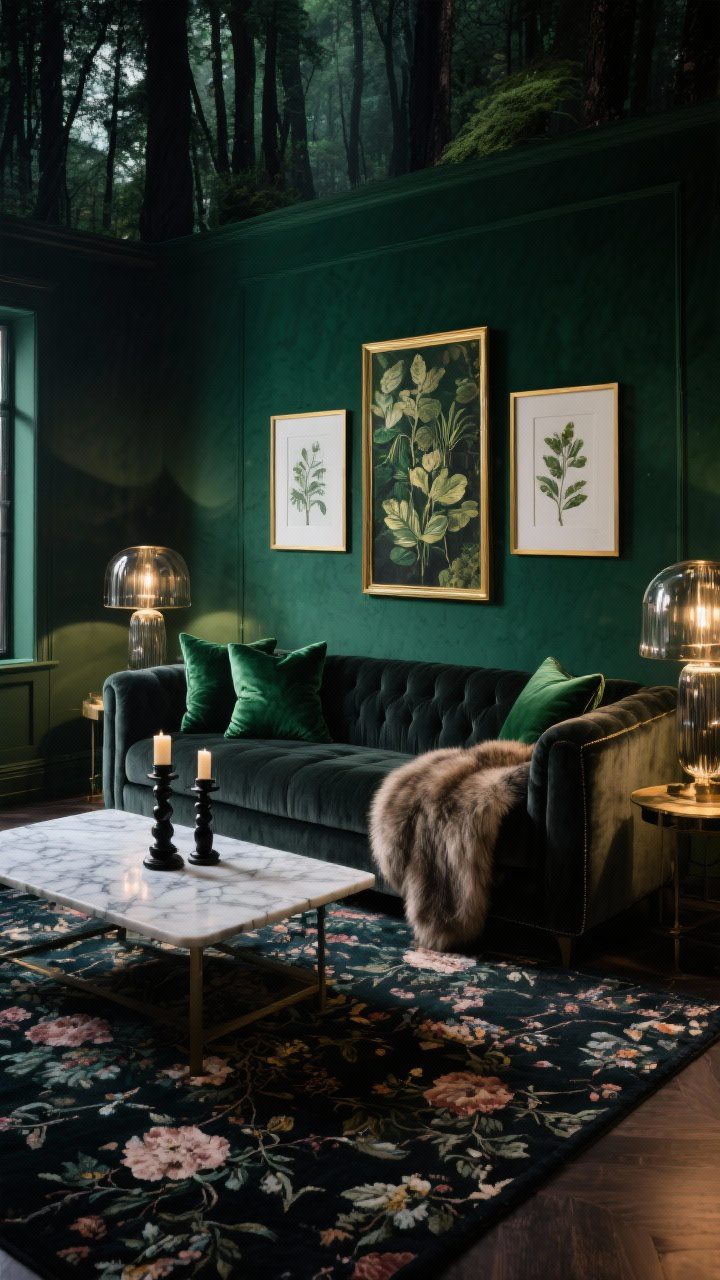 Wide, Moody Forest Glam lounge: walls in deep pine green, charcoal velvet sofa, marble-topped coffee table; smoked glass lamps casting soft pools of light, gold-framed botanical prints, midnight floral rug; emerald velvet pillows, sable faux-fur throw, black wood candlesticks; dramatic, evening-in-the-woods atmosphere.