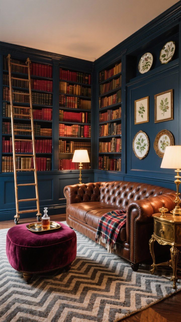 Wide shot, Library Nook Luxe: floor-to-ceiling bookcases painted oxblood or navy with a rolling ladder, tufted leather Chesterfield sofa, banker’s lamps creating a warm library glow; herringbone wool rug and velvet ottoman; vintage brass accents, framed botanical plates, plaid throw over the arm; decanter tray on a side table for clubby elegance.