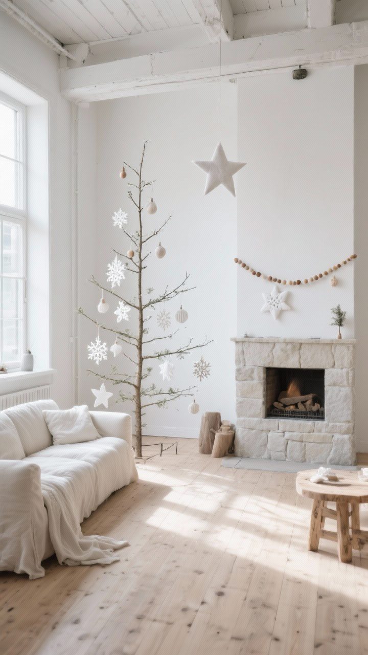 Wide shot, photorealistic: A sunlit Nordic loft with bleached oak floors, creamy linen sofas, and a pale stone fireplace; a tall airy Christmas tree with sparse branches shows negative space. DIY ornaments include white felt stars, vellum paper snowflakes, and tiny wooden bead garlands. Whisper-soft palette of cloud white, ash gray, and raw wood; soft natural daylight washes the scene, minimal styling, serene atmosphere.