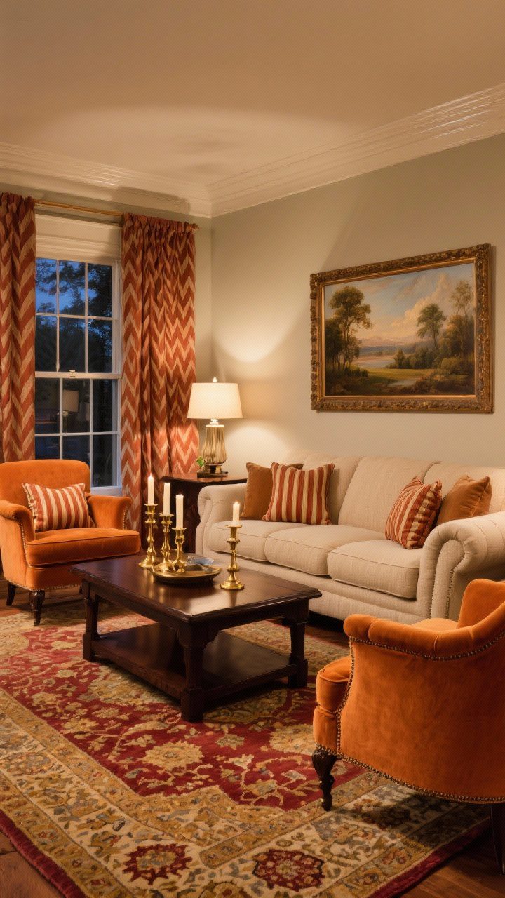 Wide shot, Pumpkin Spice Traditional sitting room: oatmeal linen rolled-arm sofa paired with pumpkin velvet wingback chairs, Persian-style rug pulling cinnamon, gold, and cranberry tones; pinstriped pillows, brass candlesticks on a dark wood coffee table, oil-style landscape art on the wall; drapes in spice-colored herringbone framing the windows; evening lamplight glow.