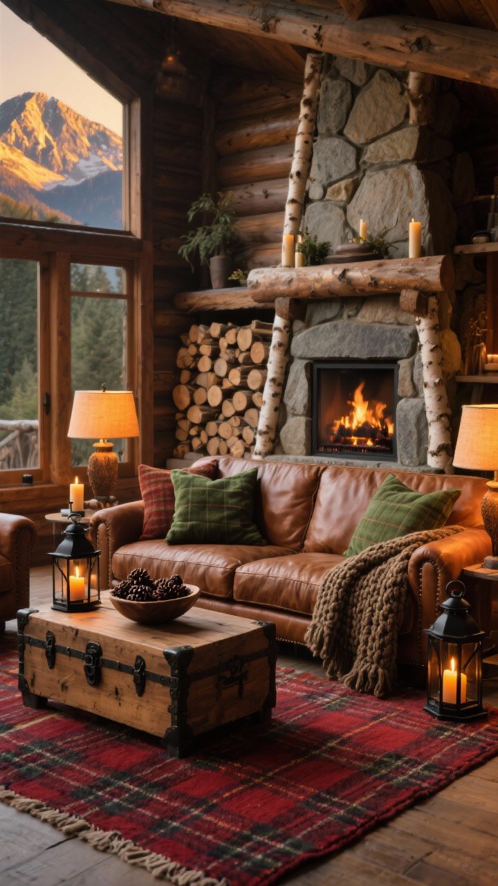 Wide shot, Rustic Harvest Lodge living room: warm tobacco leather sofa facing a stone fireplace stacked with birch logs, plaid wool rug in deep red and hunter green, flannel pillows and a chunky knit throw, black iron lanterns and a wooden trunk coffee table with a bowl of pinecones, amber-glow table lamps and taper candles creating a golden dusk ambiance; mountain cabin vibe, no people, photorealistic.