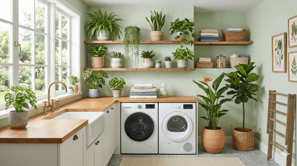 a bright laundry room featuring various indoor plants in decorative pots.