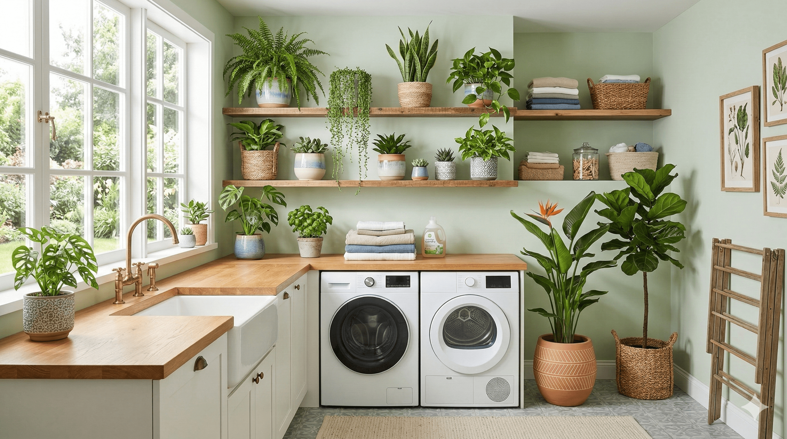 a bright laundry room featuring various indoor plants in decorative pots.