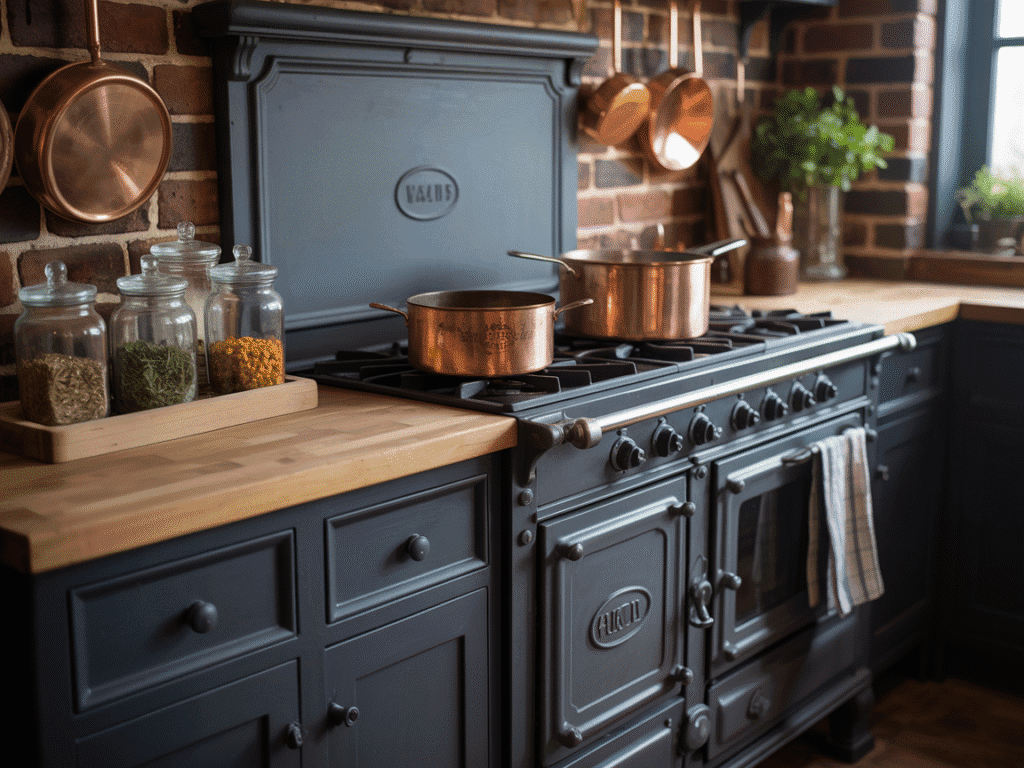 A photograph of a dark farmhouse kitchen featuring a large, cast-iron stove as its focal point.